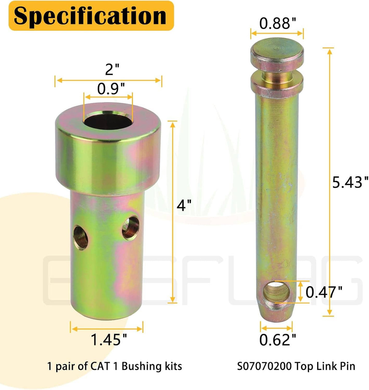 Iridescent shoulder bushings and top link pin with ring, labeled dimensions