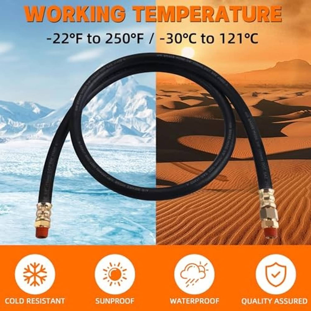 Black air brake hose with brass fittings and threaded ends, looped for viewing