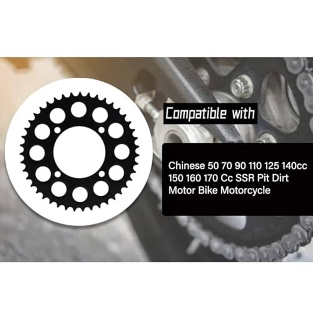 Black rear sprocket gear with circular bolt holes beside a roller drive chain