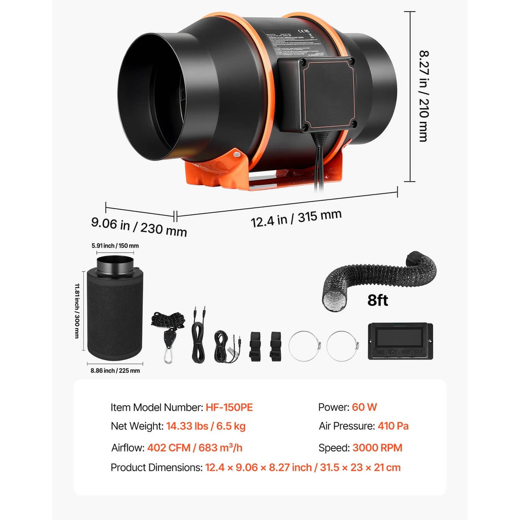 6-inch inline duct fan with black housing, orange mount, dimensions, and included accessories