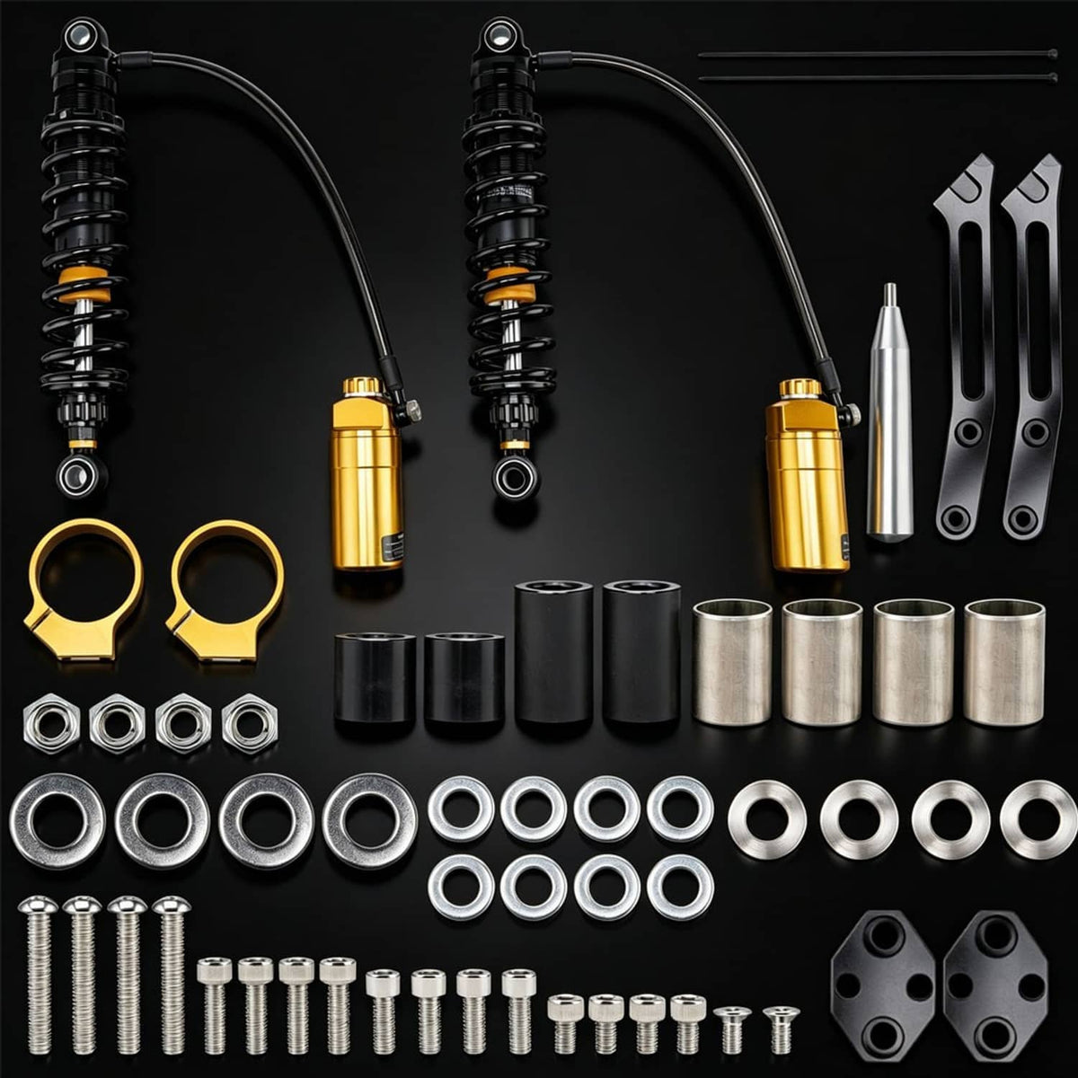 Rear suspension shock kit with gold reservoir bodies, black coils, and assorted installation parts