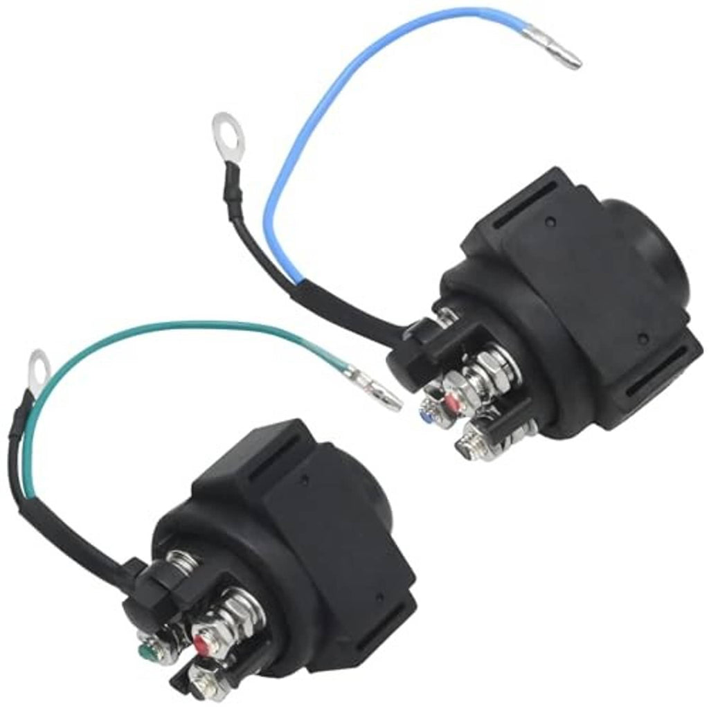 Two black relay solenoids with blue/green wire harness and metal connector posts