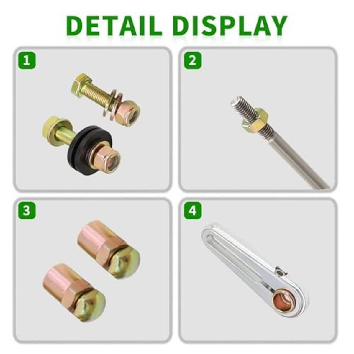 Adjustable column shift linkage kit detail display of threaded bolts and bushings