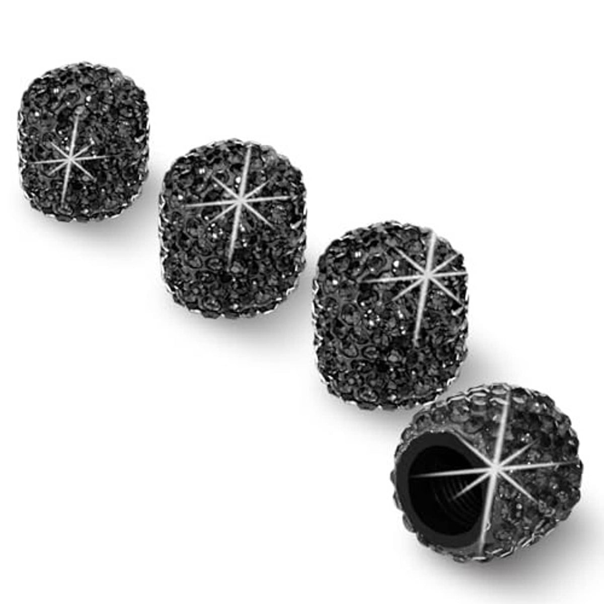 Black crystal rhinestone valve stem caps (4-pack), textured round caps with star pattern