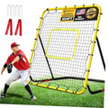 Yellow foldable baseball rebounder net with white mesh, green target square, black legs