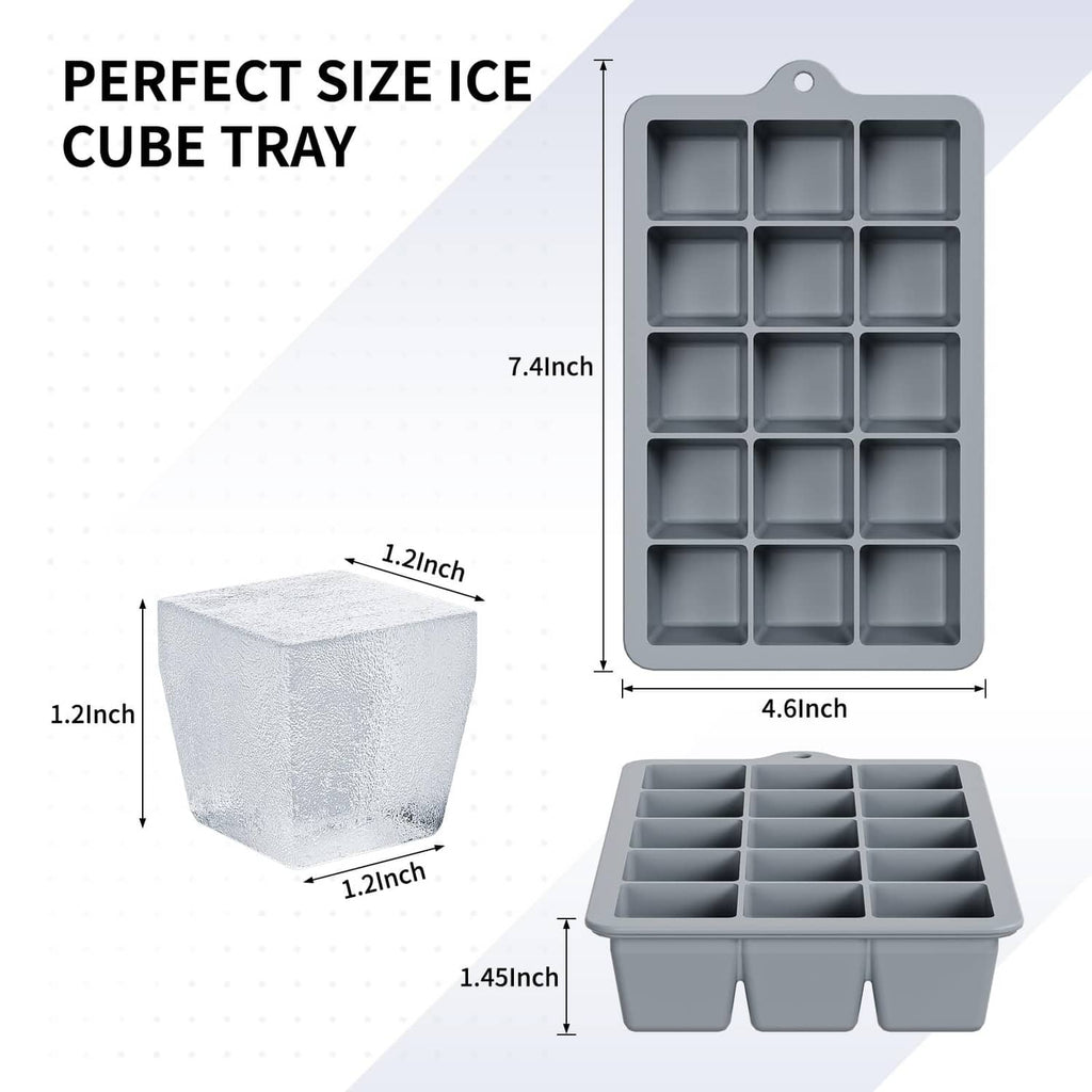 Gray silicone ice cube tray with lid, square cavities and molded ice cube
