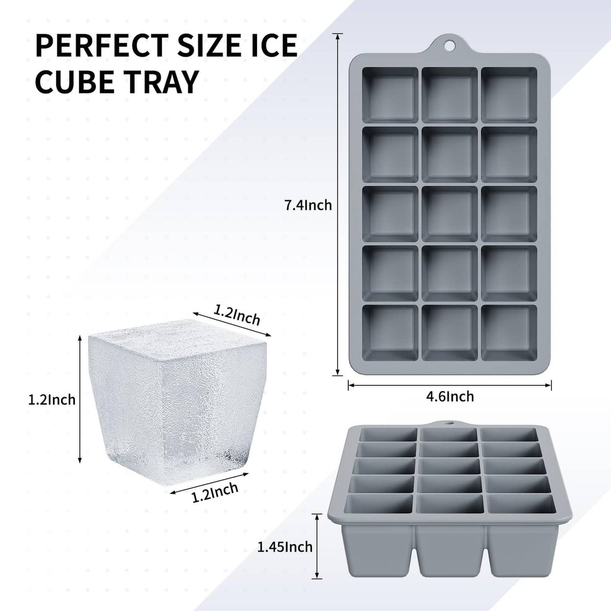 Gray silicone ice cube tray with lid, square cavities and molded ice cube