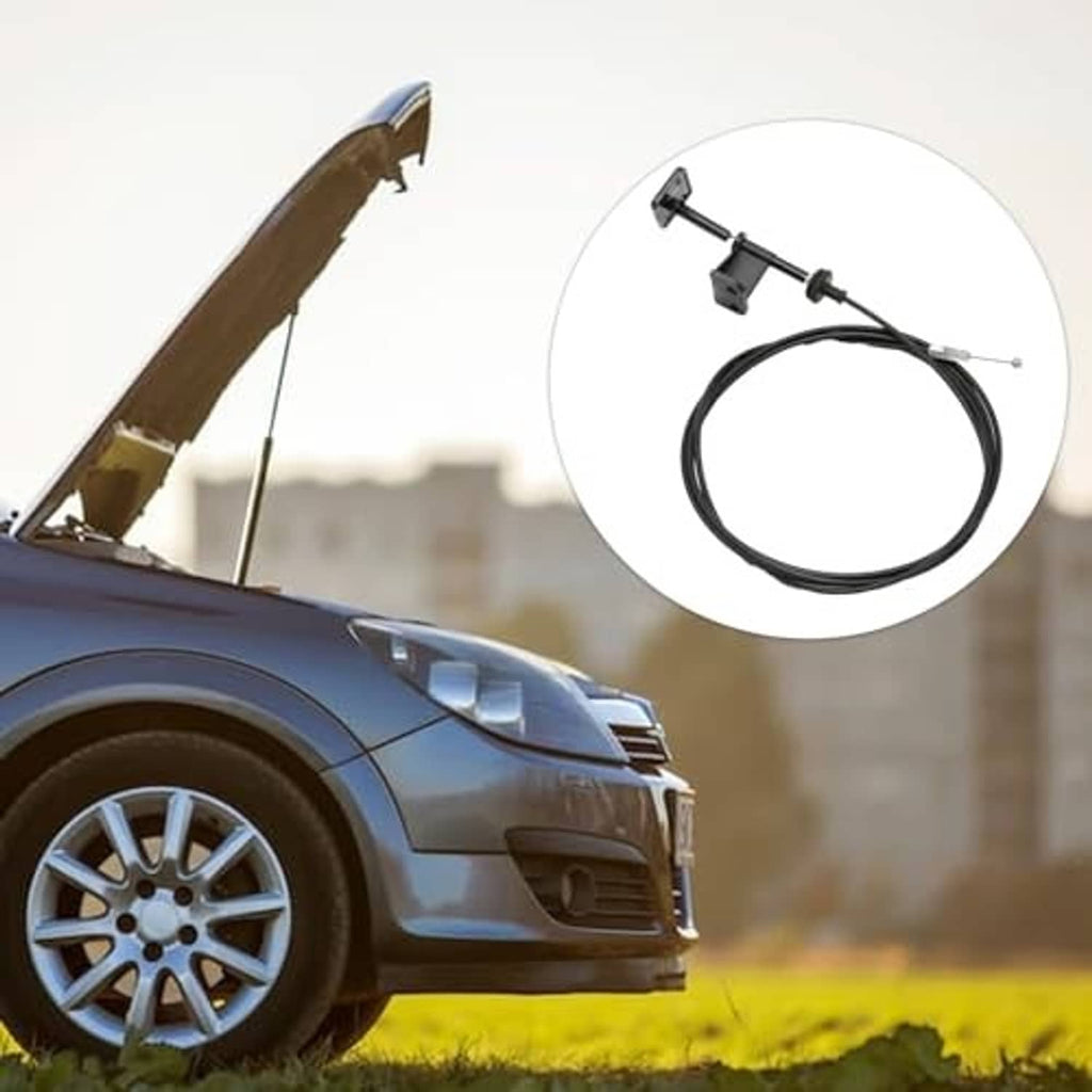 Front hood latch release wire cable with black mounts and exposed steel cable tip