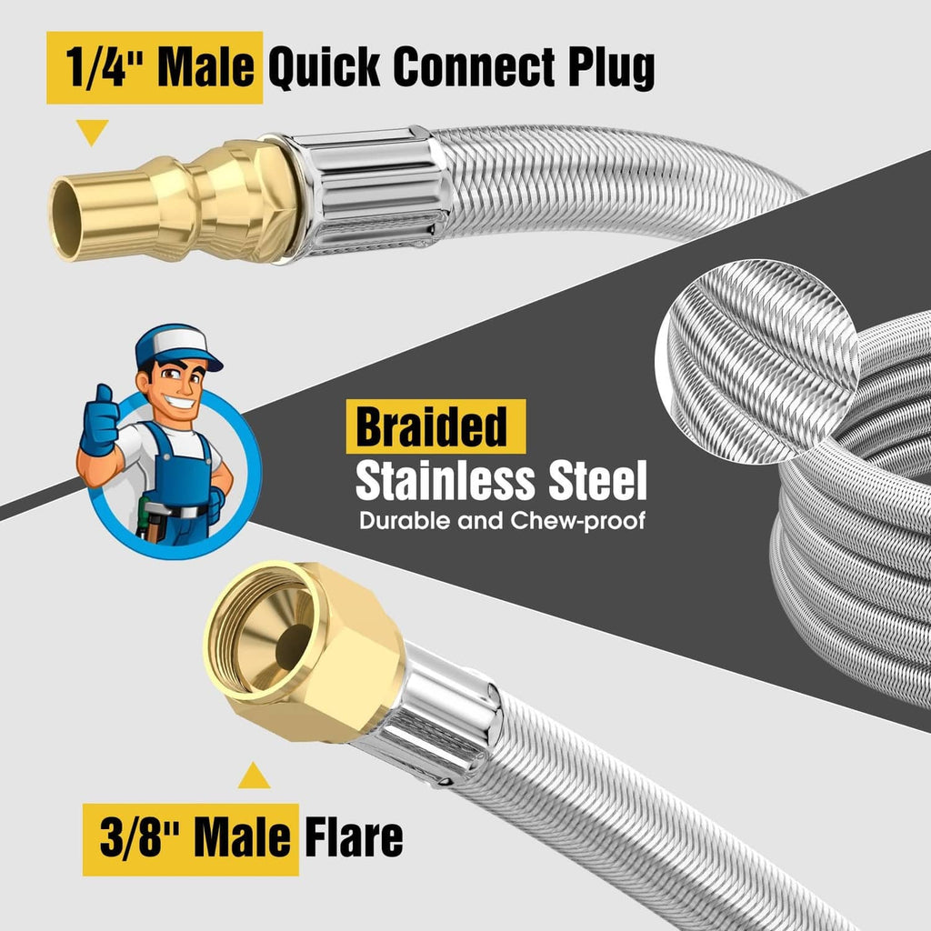 Silver braided stainless propane hose with brass 1/4-inch male quick-connect plug