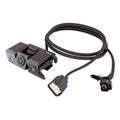 Rear view backup camera kit with dual-lens bracket and wiring harness, dark gray