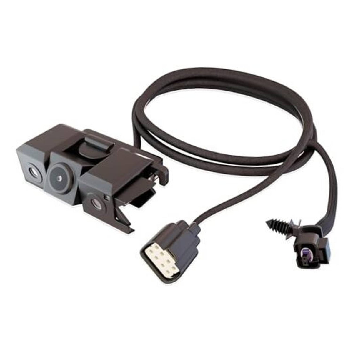 Rear view backup camera kit with dual-lens bracket and wiring harness, dark gray