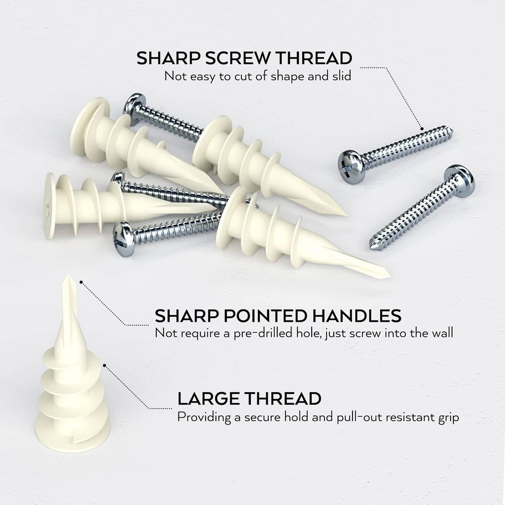 Self-drilling drywall anchors close-up with sharp threaded screws and pointed plastic grips