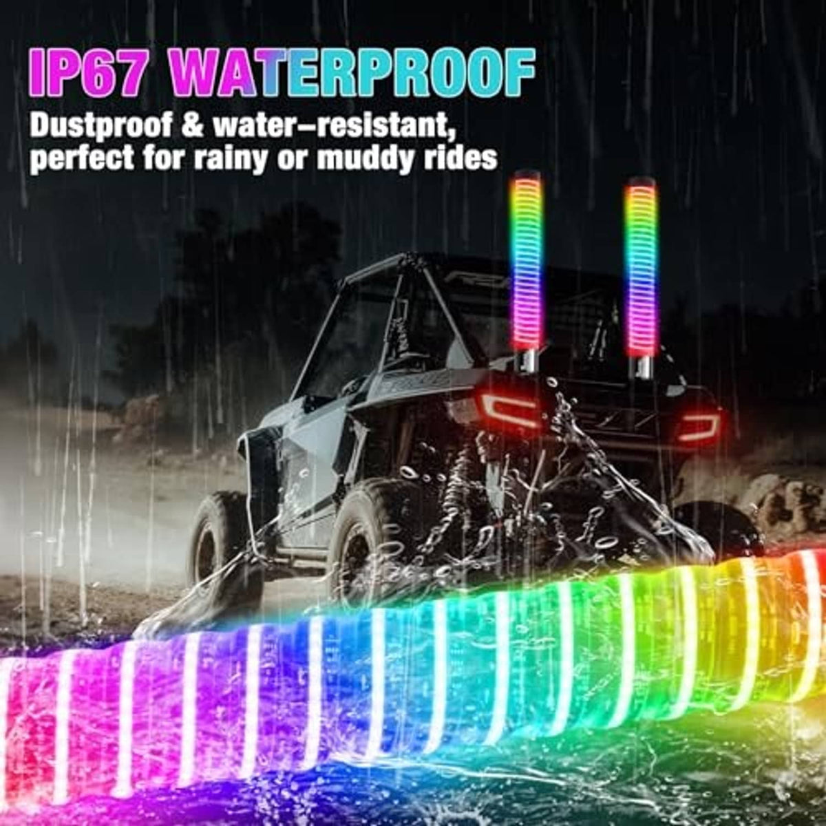 Rainbow glowing COB LED whip lights, two flexible light strips