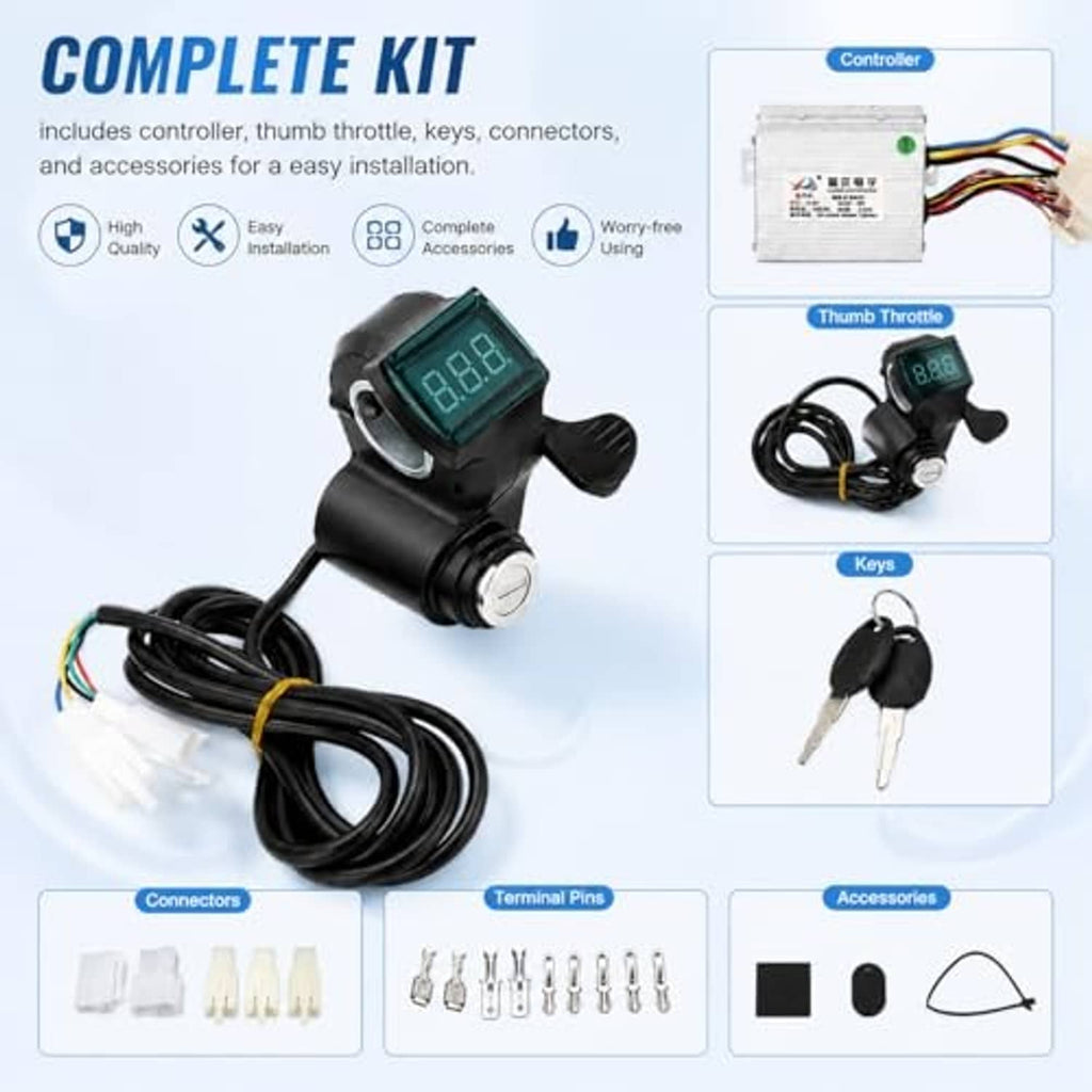 E-bike motor controller kit includes thumb throttle with display, controller box, and accessories