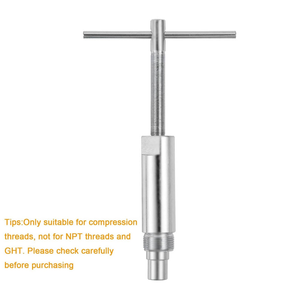 Compression sleeve puller tool with vertical cylinder body and T-handle crossbar, silver.
