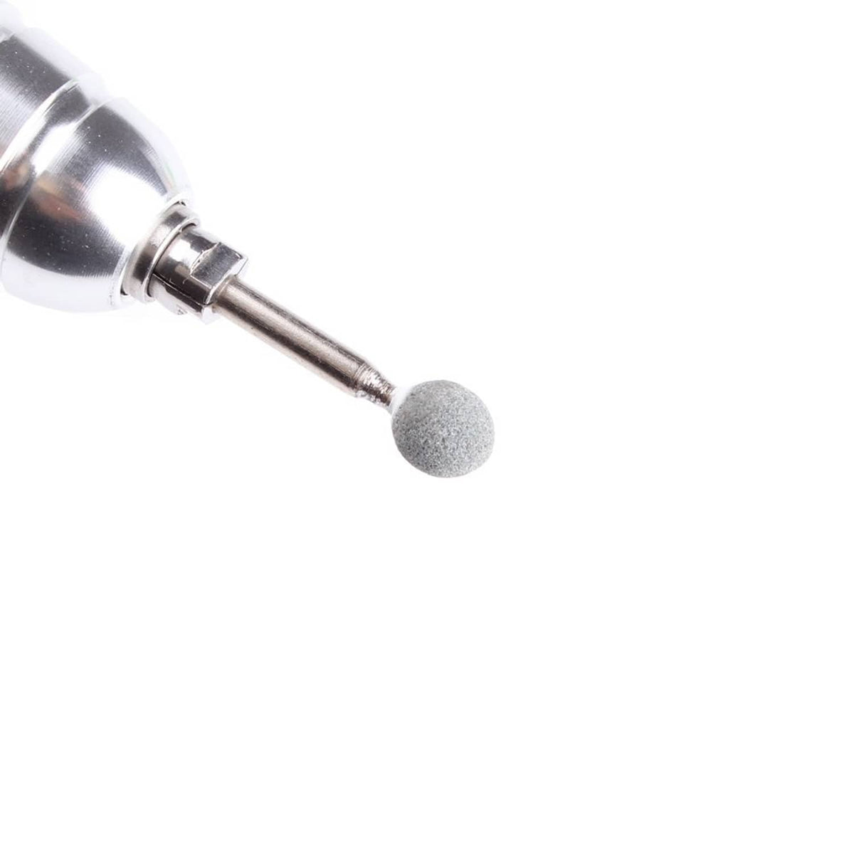Ball-head diamond nail drill bit with gray tip on metal drill chuck
