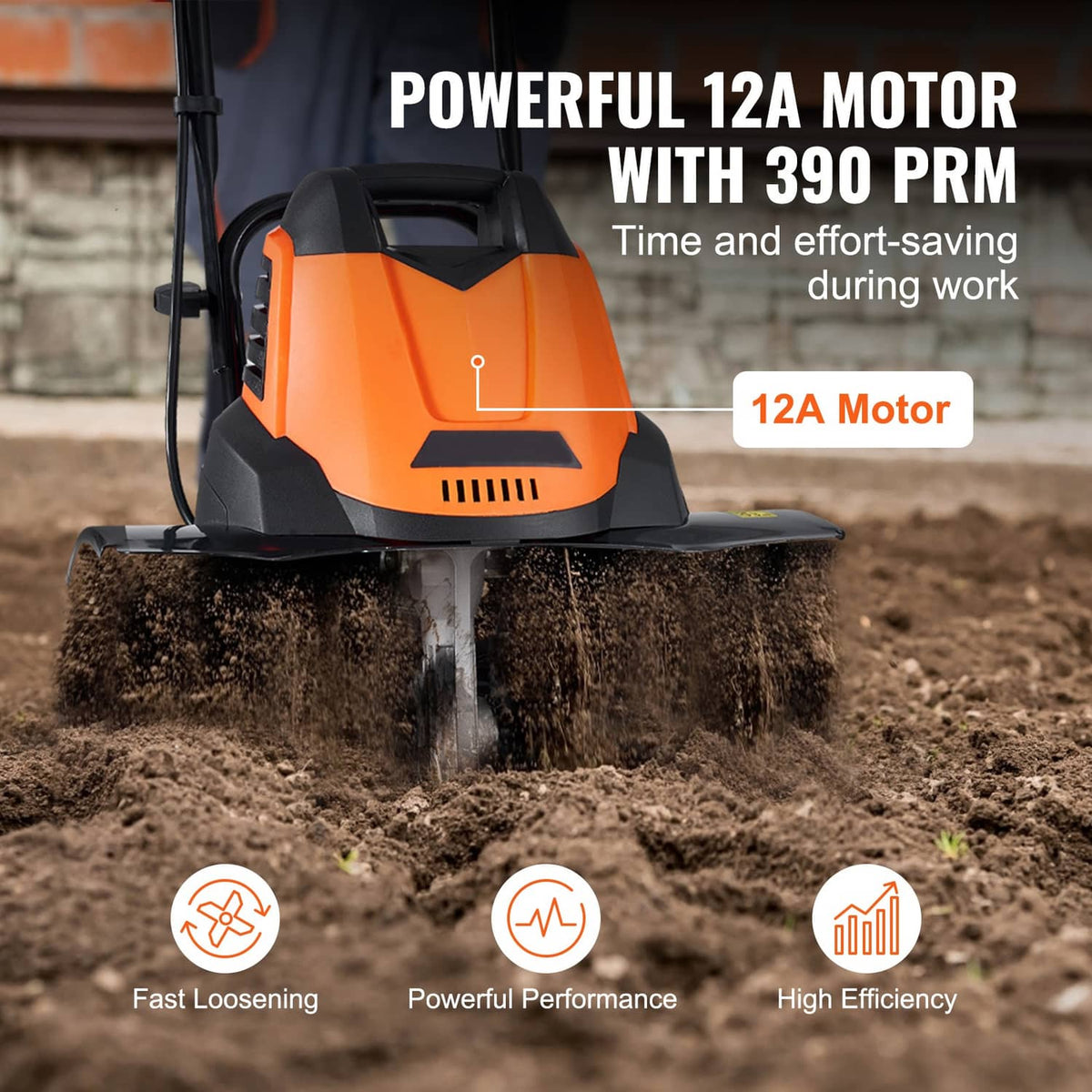Orange electric tiller cultivator digging into soil with front rotating tine assembly