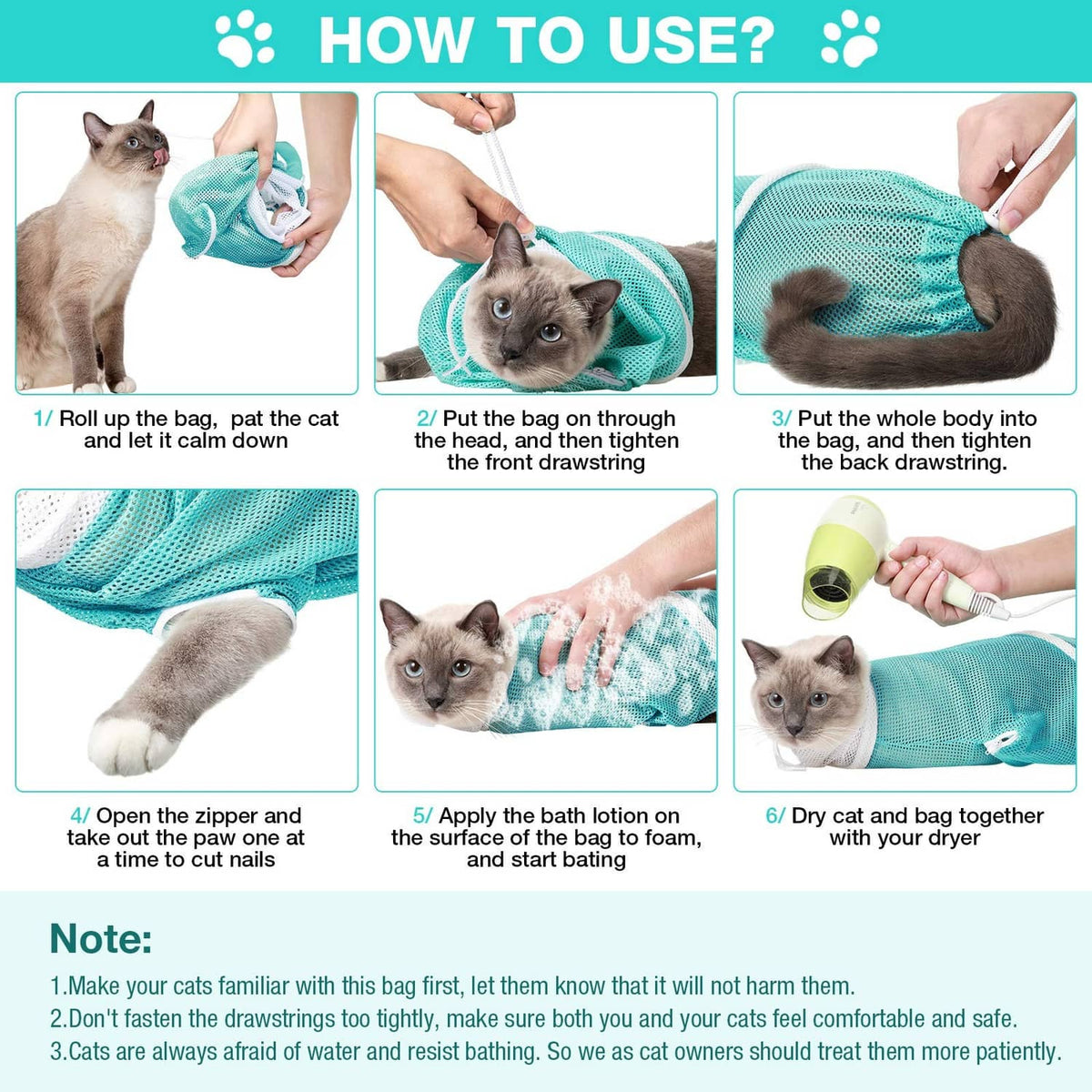 Teal mesh cat bathing net bag with zipper and drawstring, shown with cat inside