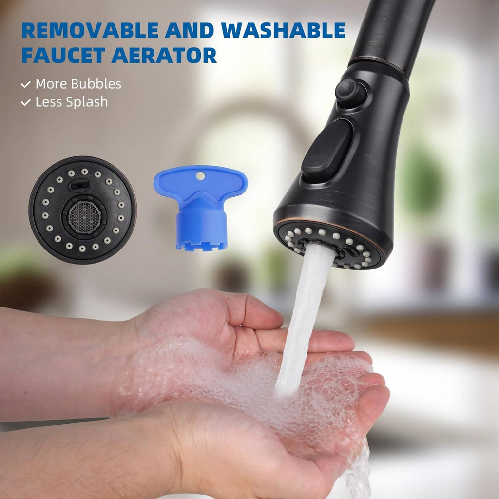 Handheld kitchen faucet sprayer head with removable blue aerator tool and water stream