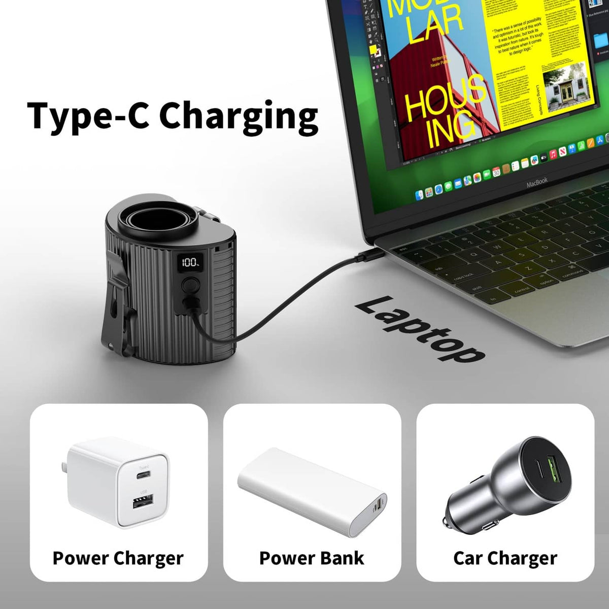 Black clip fan with Type-C charging cable connected to the power base