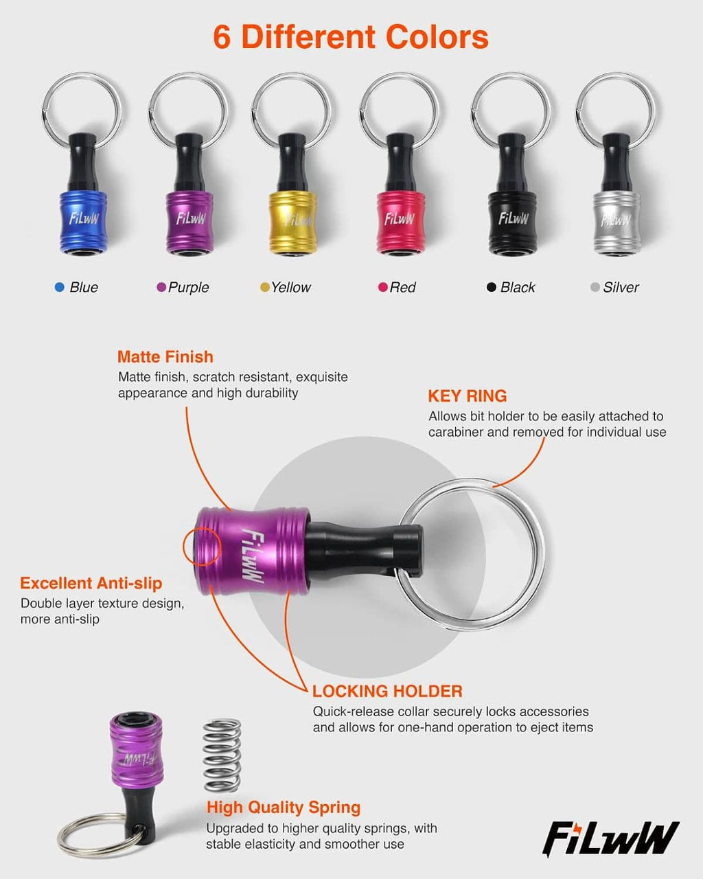 Keyring driver bit holders in blue, purple, yellow, red, black, and silver matte finish