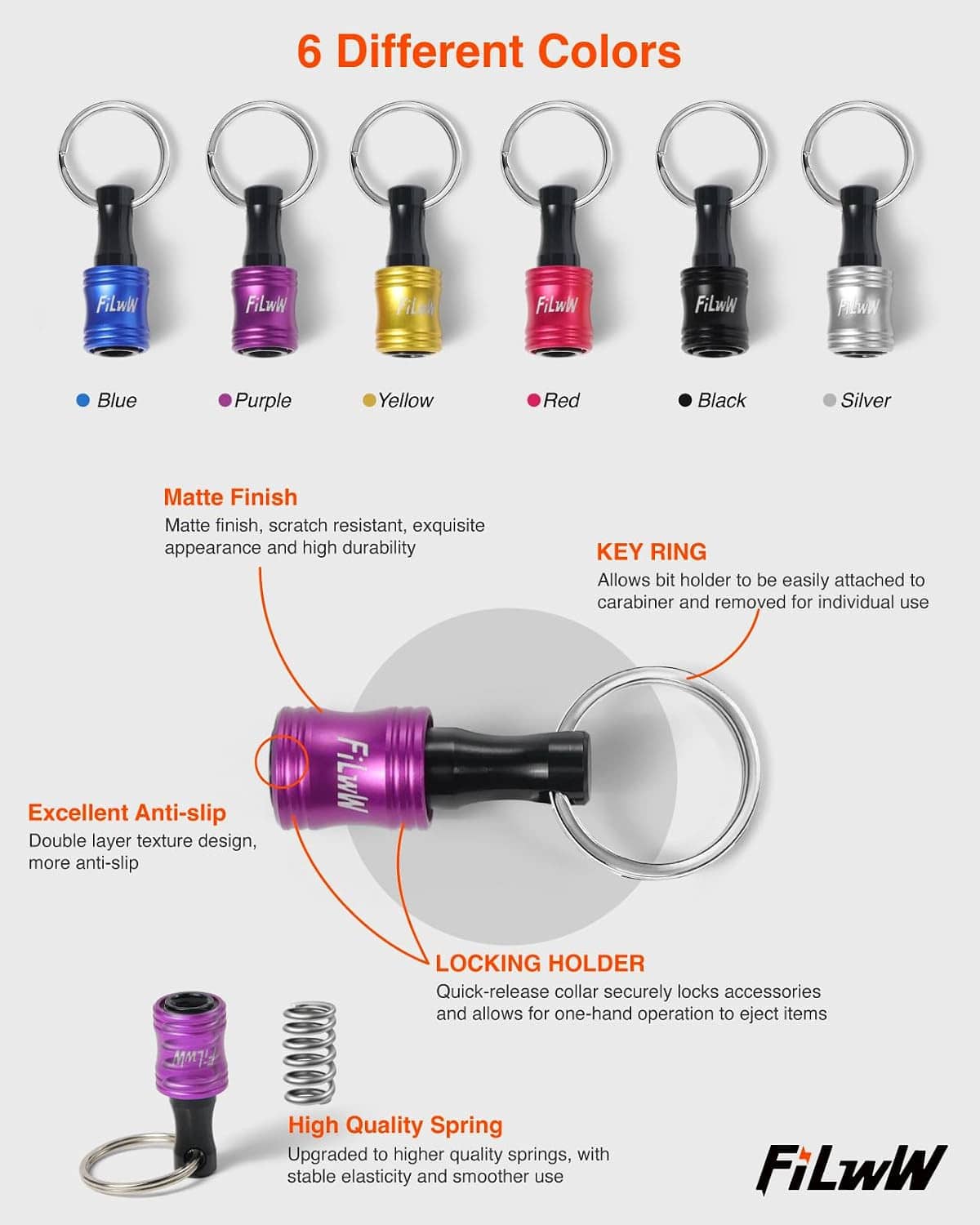 Keyring driver bit holders in blue, purple, yellow, red, black, and silver matte finish