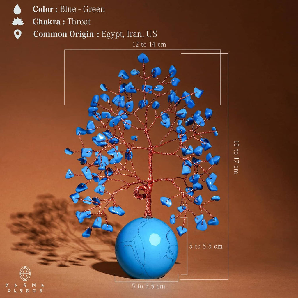 Turquoise ball base Tree of Life charm with blue crystal leaves and red copper wire