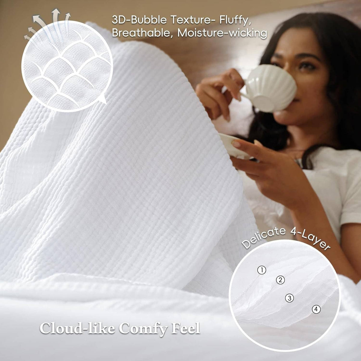 White cotton muslin blanket with 3D bubble texture, held up to show softness