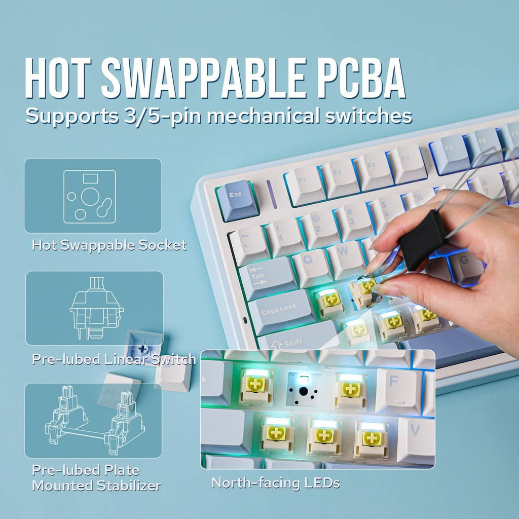 Sea salt blue mechanical keyboard with hot-swappable switch area and hand installing key switch