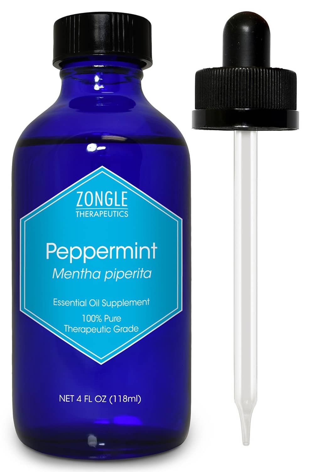Blue essential oil bottle with black cap and dropper, Zongle Therapeutics label