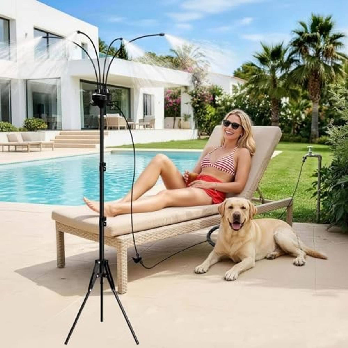 Standing misting tripod with multiple nozzle jets by pool deck and garden