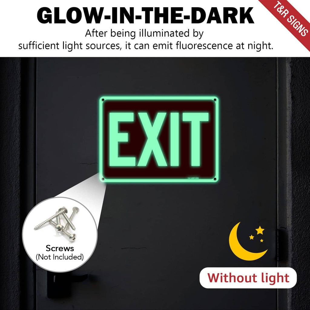 Glow-in-the-dark red EXIT sign with green illuminated outline on dark wall