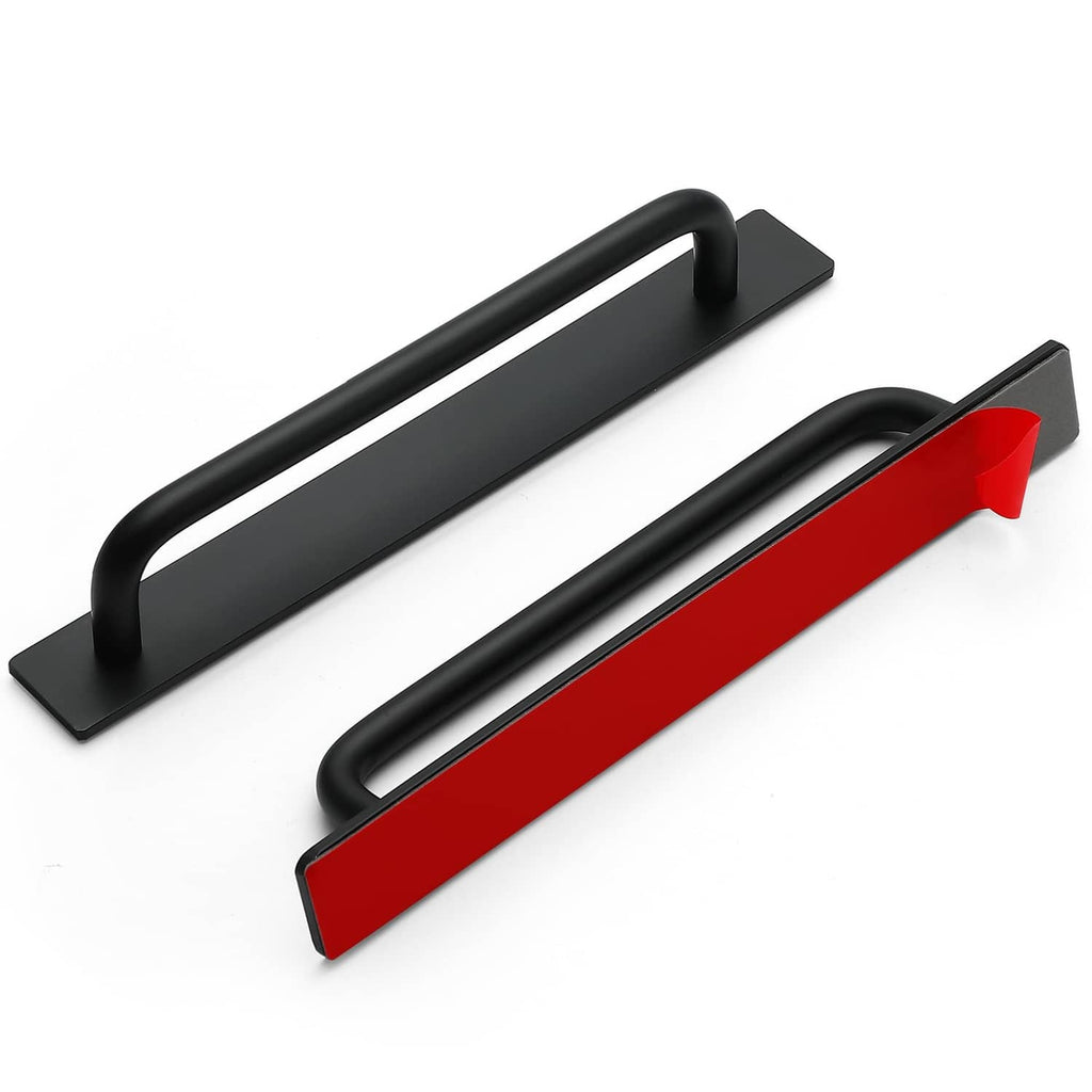 Black self-stick cabinet handle with flat rectangular base and curved bar grip
