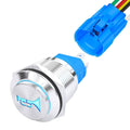 Chrome momentary horn button switch with blue housing and multicolor wire leads