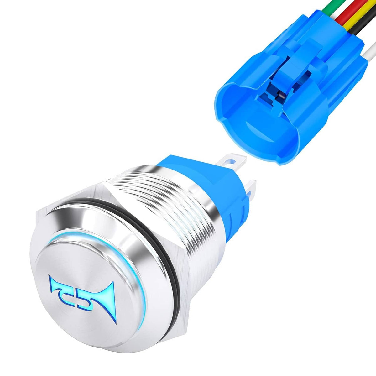 Chrome momentary horn button switch with blue housing and multicolor wire leads