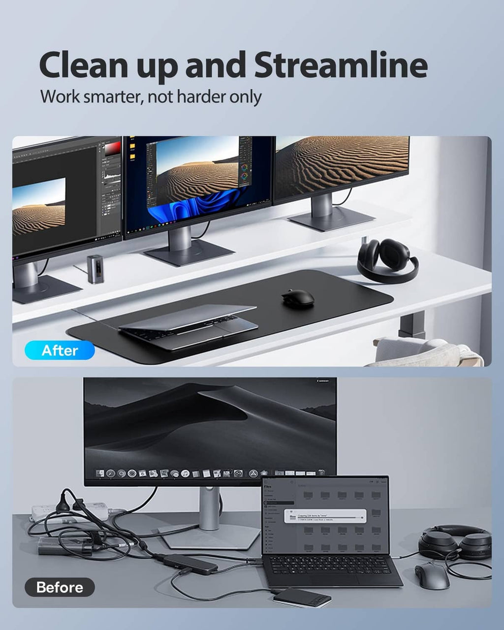Space grey docking station on desk with clean multi-monitor cable management