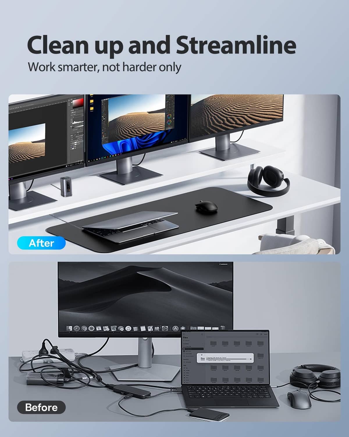 Space grey docking station on desk with clean multi-monitor cable management
