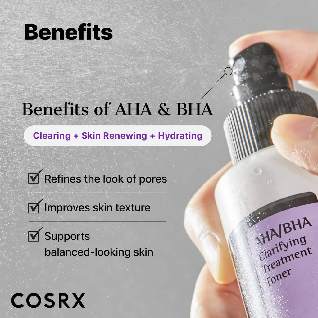 AHA/BHA clarifying toner bottle in hand with foam droplets