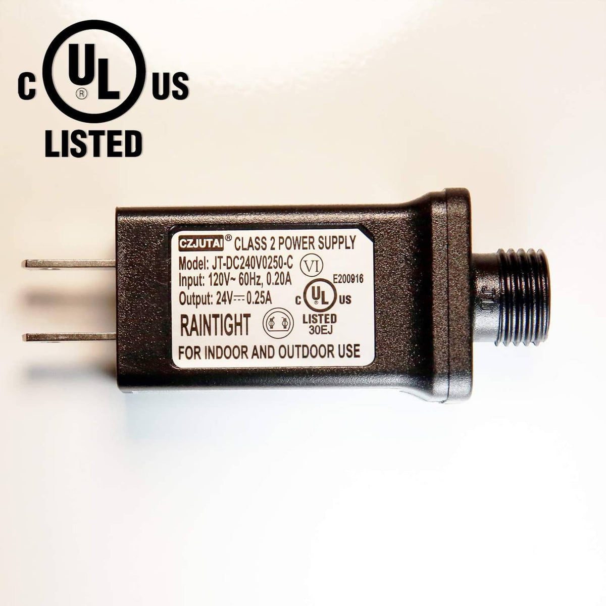 Black 24V LED transformer power supply with threaded barrel output and two-prong plug