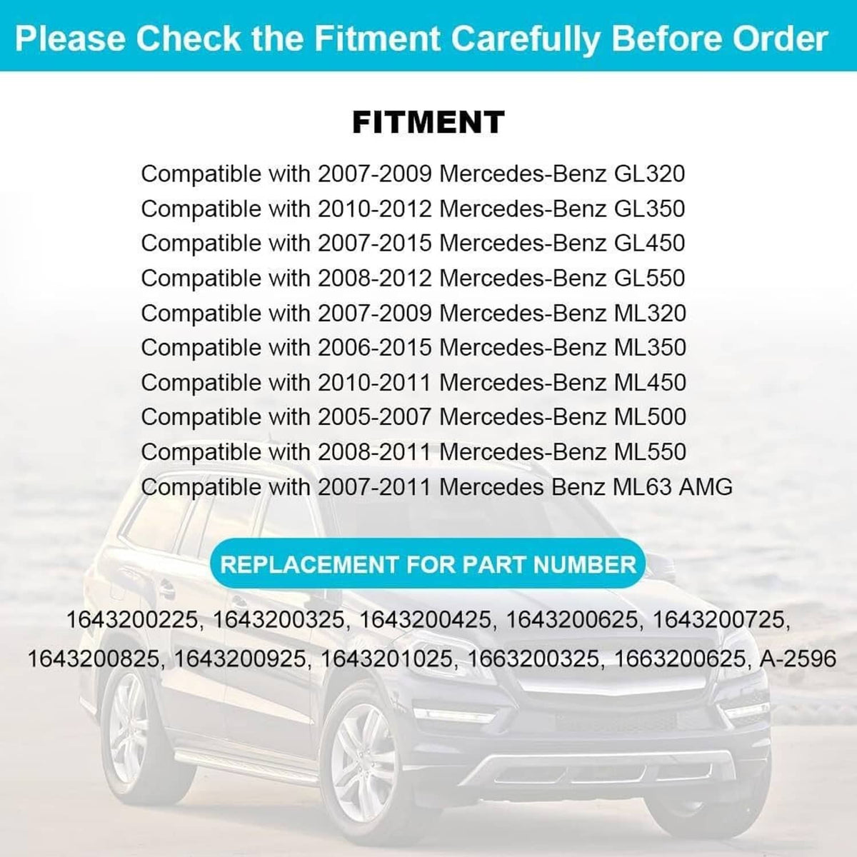 Air suspension spring bag fitment chart with compatible Mercedes-Benz model list.