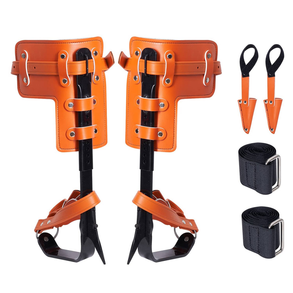 Adjustable orange-and-black tree-climbing spurs with steel spikes and leg straps set