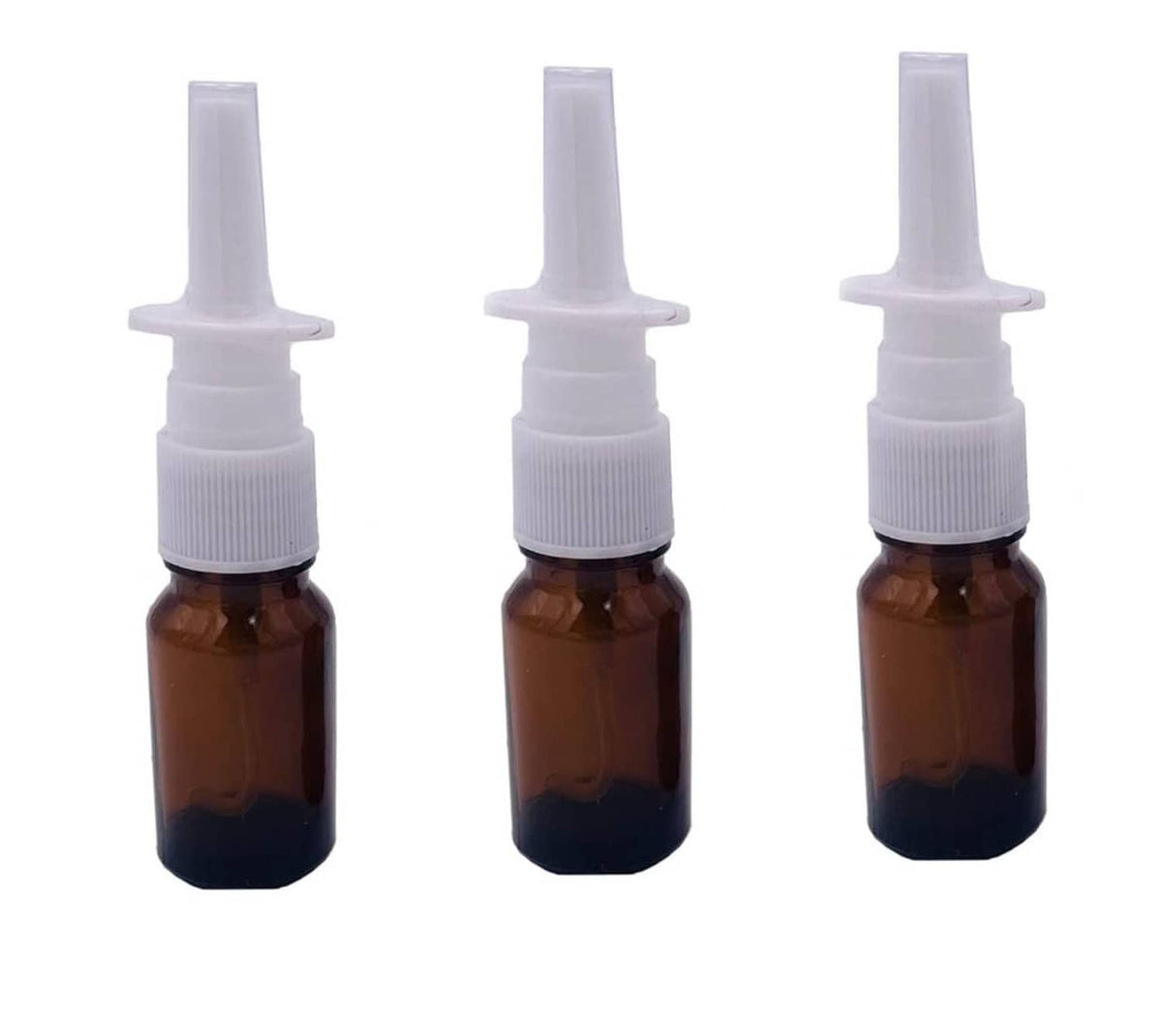Amber glass nasal bottles with white pump applicators, set of 3 refillable containers