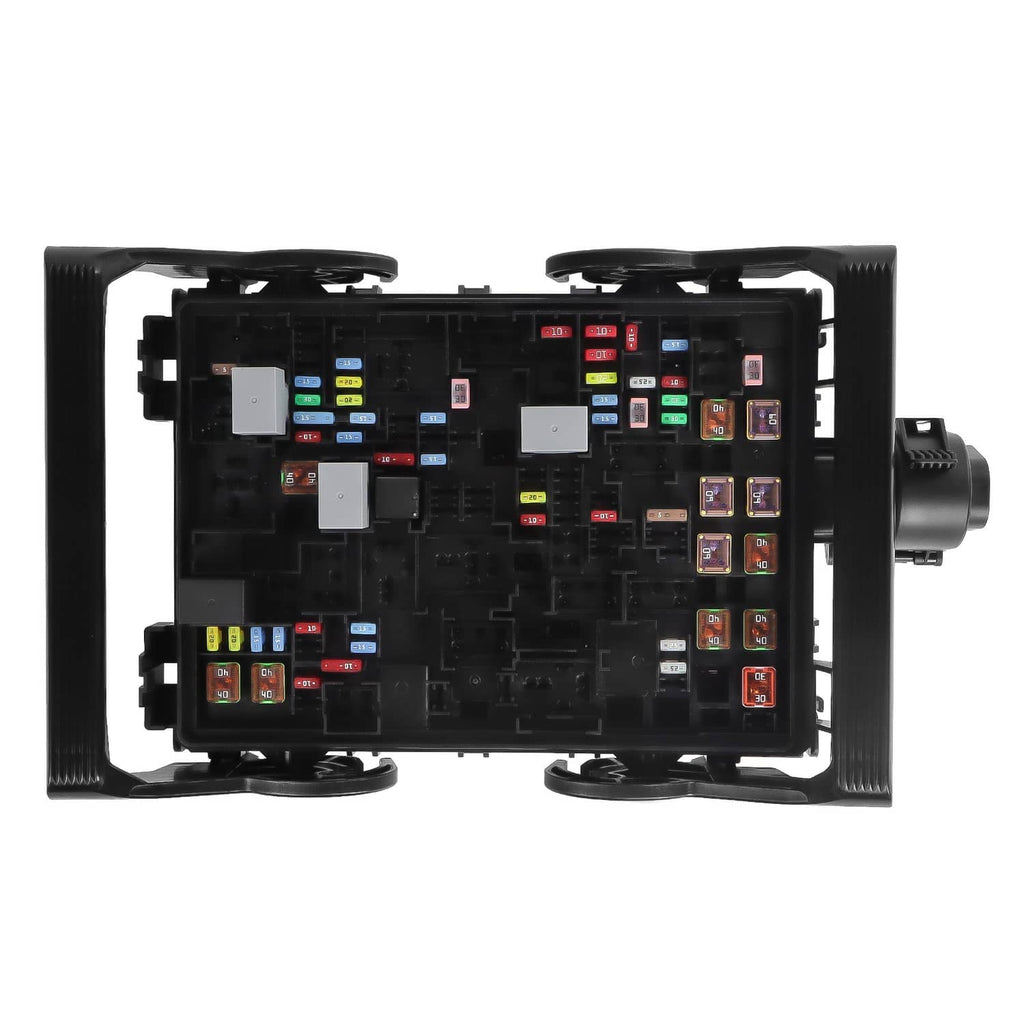 Black fuse box junction block with colorful mini fuses and relay sockets