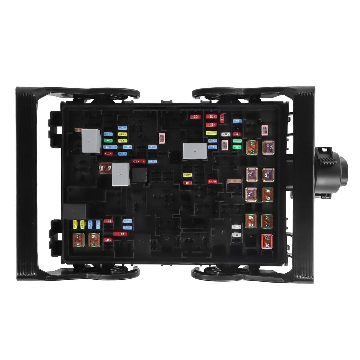 Black fuse box junction block with colorful mini fuses and relay sockets