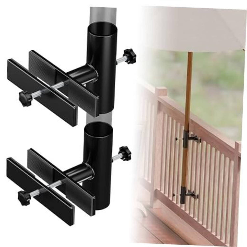 Adjustable patio umbrella holder with black mounting clamps for deck railing posts