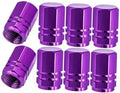 Purple 8-pack tire valve stem caps with rubber O-ring, eight pieces shown.
