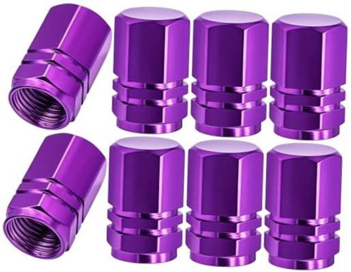 Purple 8-pack tire valve stem caps with rubber O-ring, eight pieces shown.