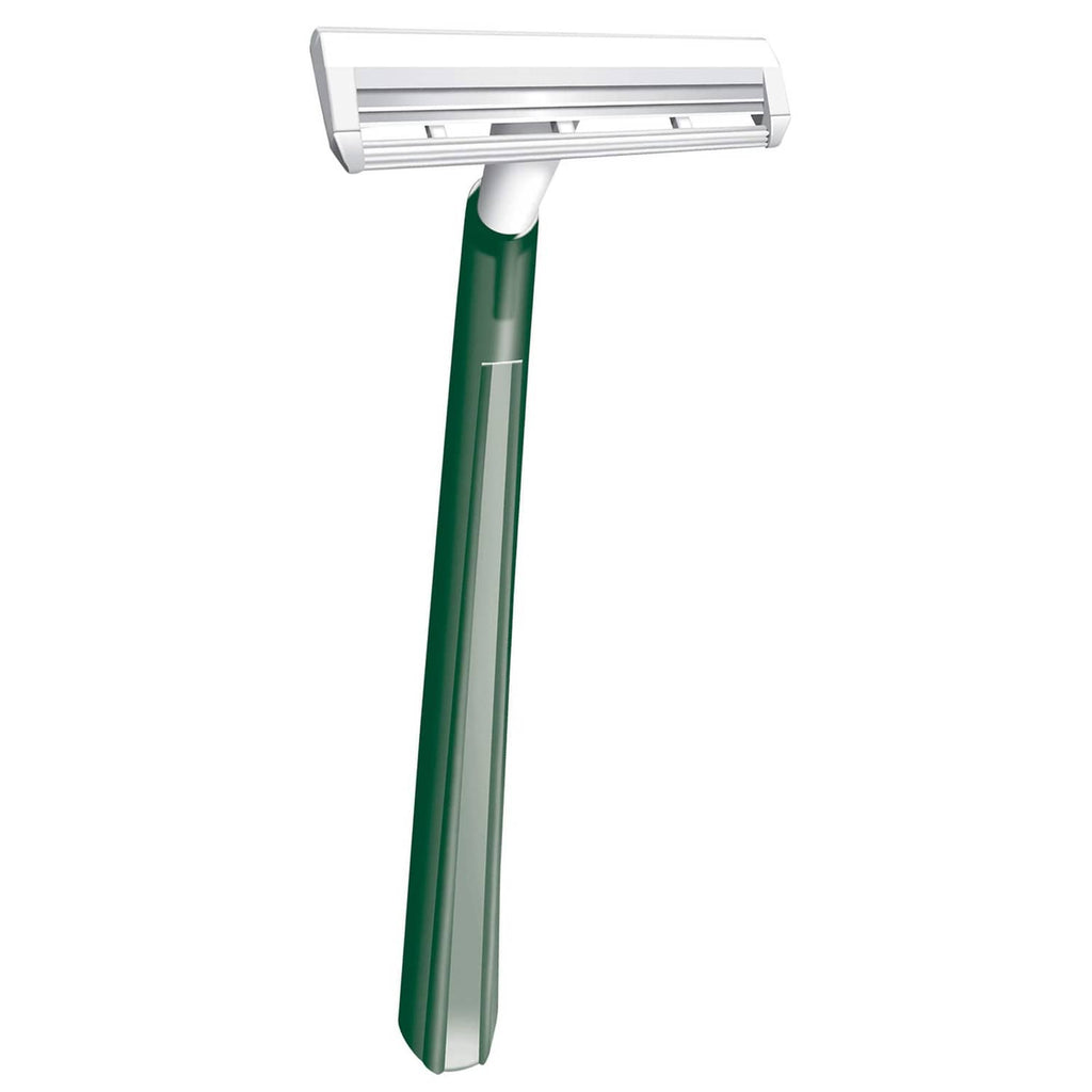 Disposable twin-blade razor with green handle and white blade cartridge, angled view