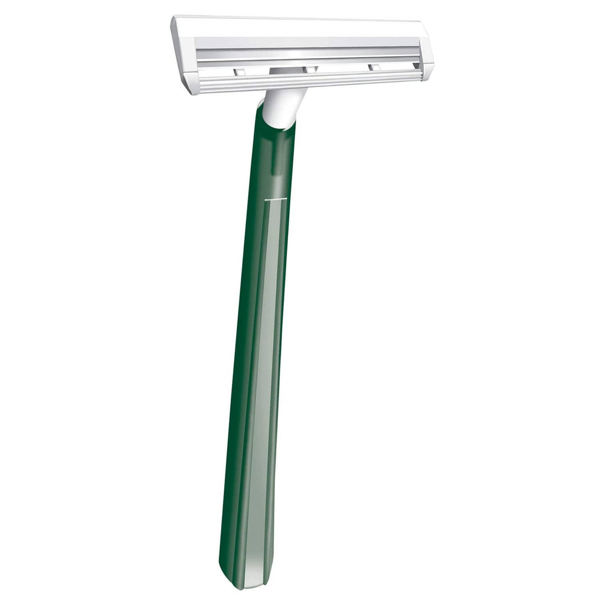 Disposable twin-blade razor with green handle and white blade cartridge, angled view
