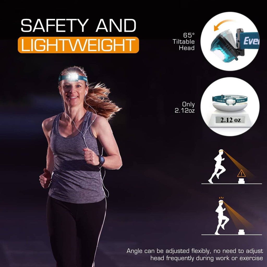 Kids EverBrite headlamp on head with adjustable blue strap and bright white beam